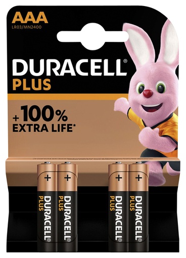 Duracell Plus AAA Battery Alkaline 100% Extra Life Pack of 4 